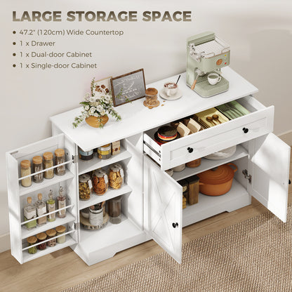 Sideboard Buffet Cabinet, Farmhouse Coffee Bar Cabinet with Door Shelves, Adjustable Shelves, Drawer, Barn Doors, White