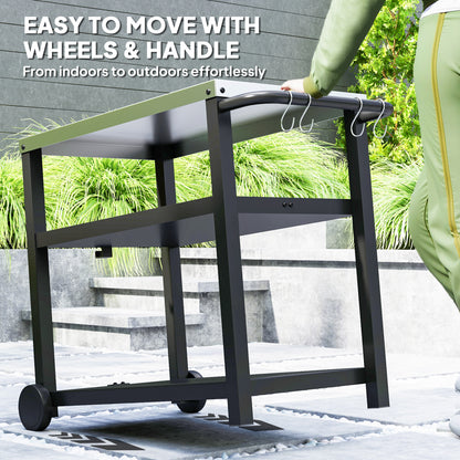 3-Shelf Outdoor Grill Dining Cart Pizza Oven Stand with Stainless Steel Top, Movable BBQ Food Prep Table Outdoor Kitchen