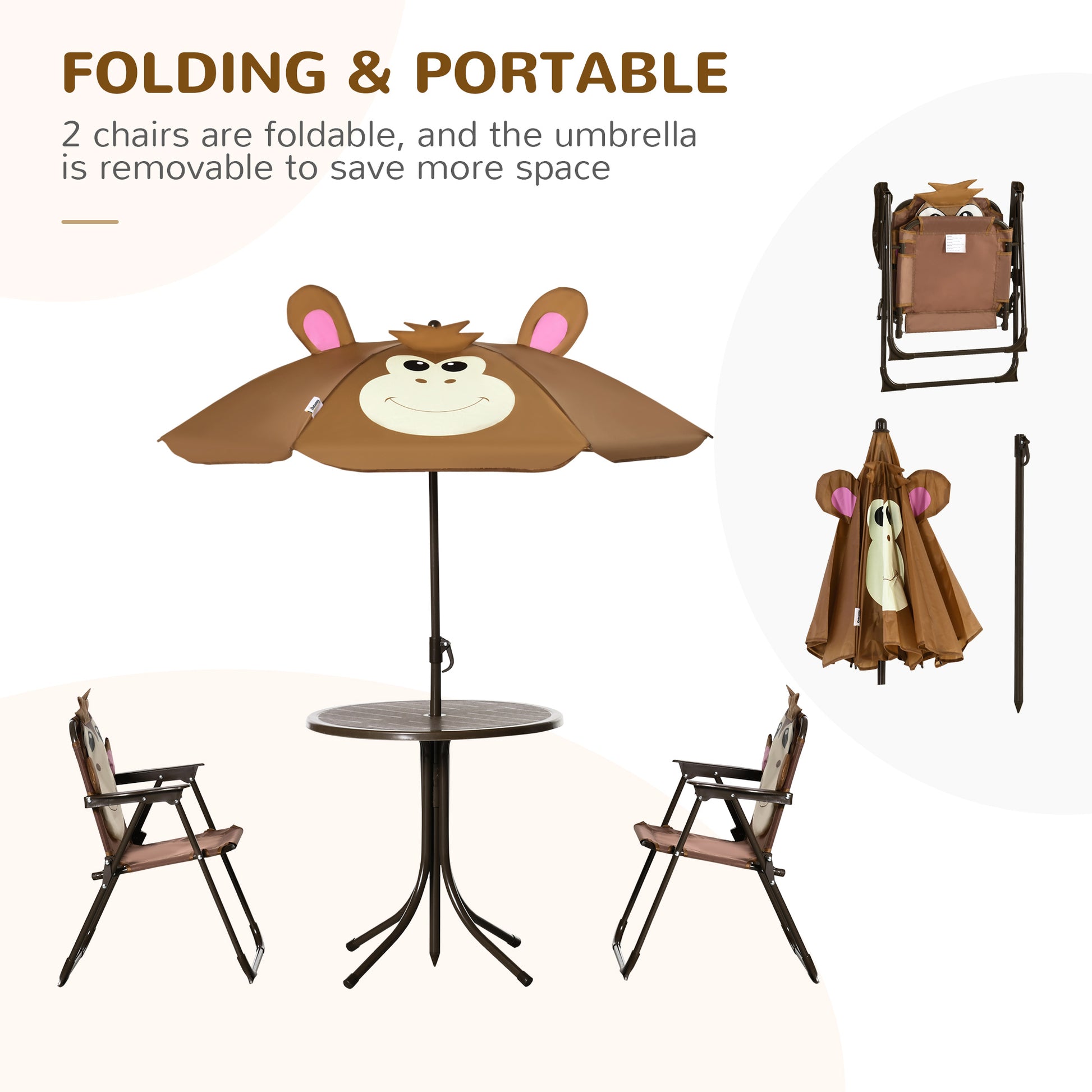 Kids Folding Picnic Table and Chair Set Pattern Outdoor Garden Patio Backyard with Removable & Height Adjustable Sun Umb