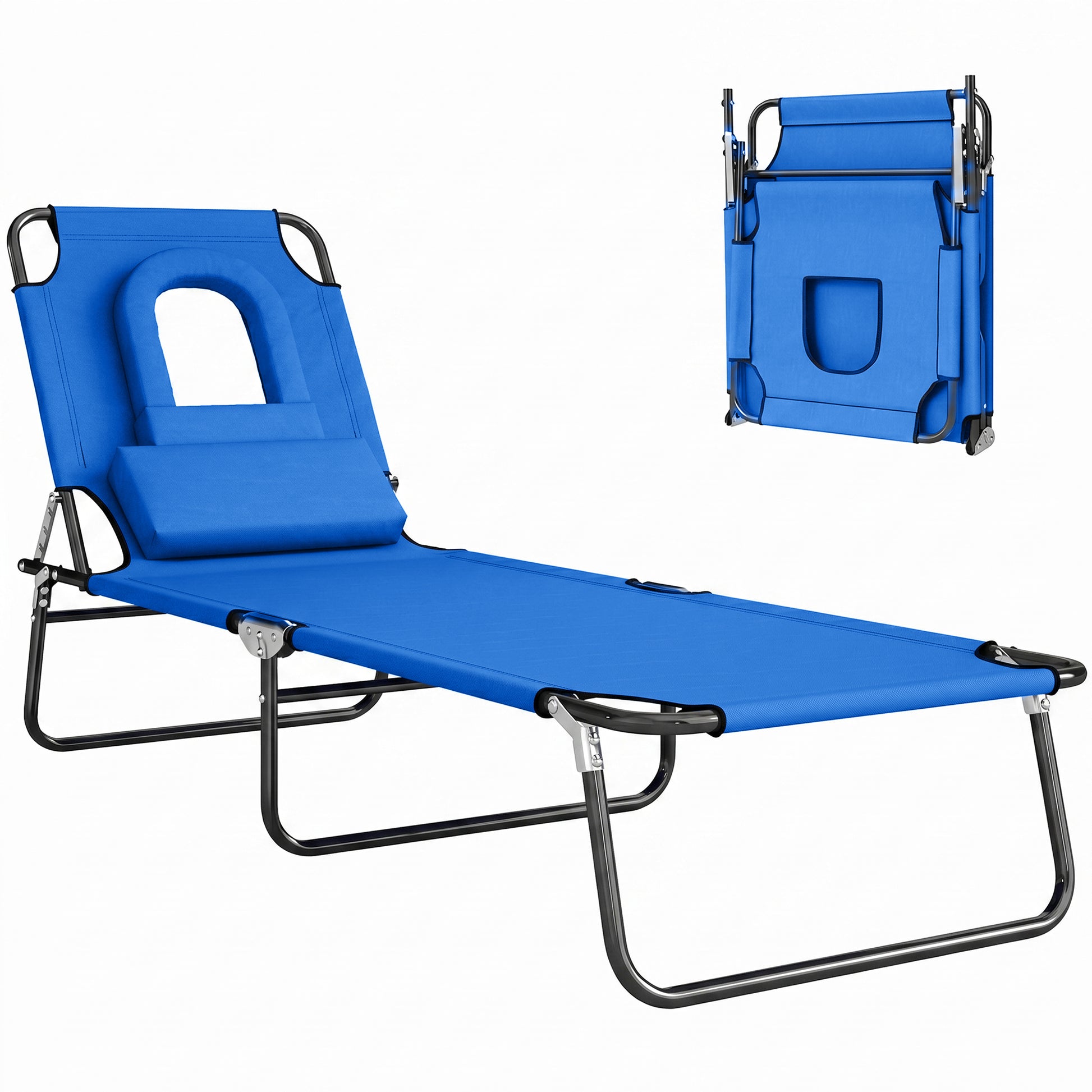 Folding Chaise Lounge Chair, Reclining Beach Tanning Chair with Face Hole, Pillow, 4-Position Adjustable Lay Flat Sun Lo