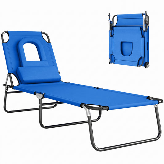 Folding Chaise Lounge Chair, Reclining Beach Tanning Chair with Face Hole, Pillow, 4-Position Adjustable Lay Flat Sun Lo