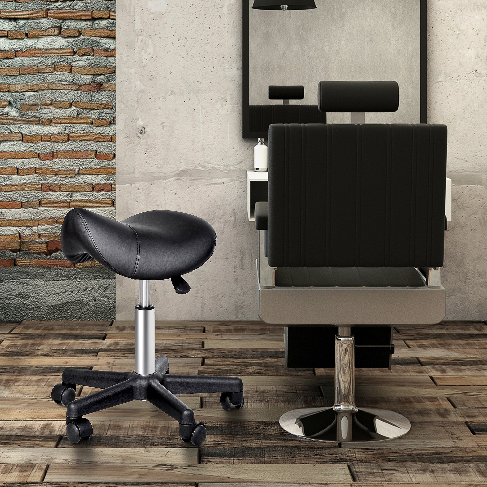 Saddle Stool, PU Leather Rolling Stool with Wheels, Adjustable Salon Chair for Kitchen, Salon Spa, Bar, Home Office, Mas