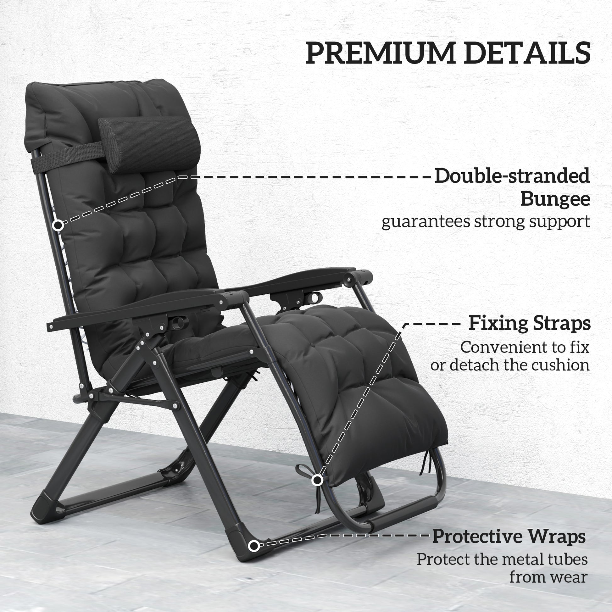 Folding Garden Chairs Set of 2, Reclining Zero Gravity Chair, Sun Lounger with Cushion and Headrest, Black