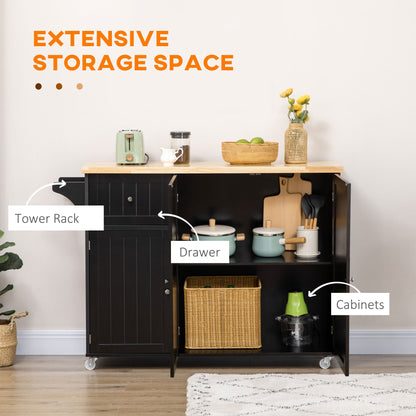 Rolling Kitchen Island with Storage, Utility Kitchen Island Cart with Drawer, Cabinets, Towel Rack and Rubber Wood Top