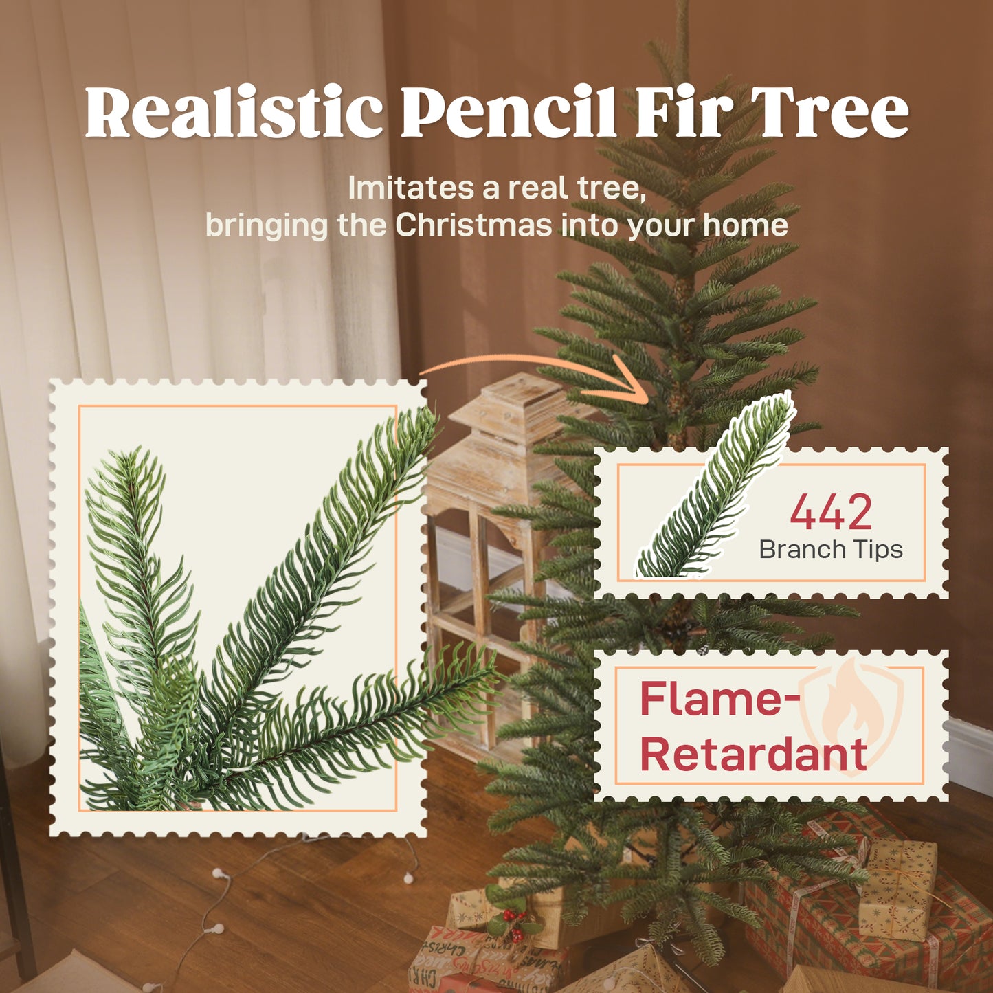 6 ft Artificial Fir Pencil Christmas Tree, Hinged Xmas Tree with 442 Branch Tips and Metal Stand, Easy Assembly, Green