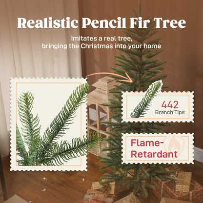 6 ft Artificial Fir Pencil Christmas Tree, Hinged Xmas Tree with 442 Branch Tips and Metal Stand, Easy Assembly, Green