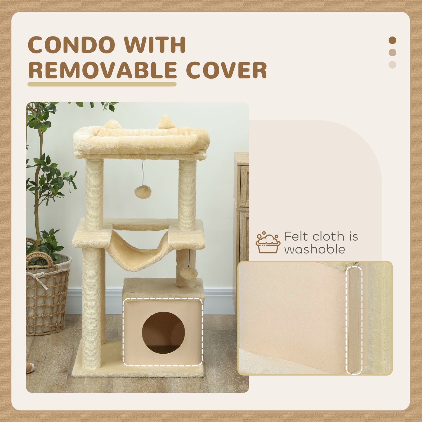 39.25'' Cat Tree Tower Multi-Level Kitten House with Scratching Post Condo Hammock Bed Ball Toy - Beige
