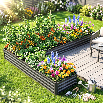 L-Shaped Raised Garden Bed, 82" x 109" x 12" Galvanized Steel Planter Box with Multi-reinforced Rods for Vegetables, Flo