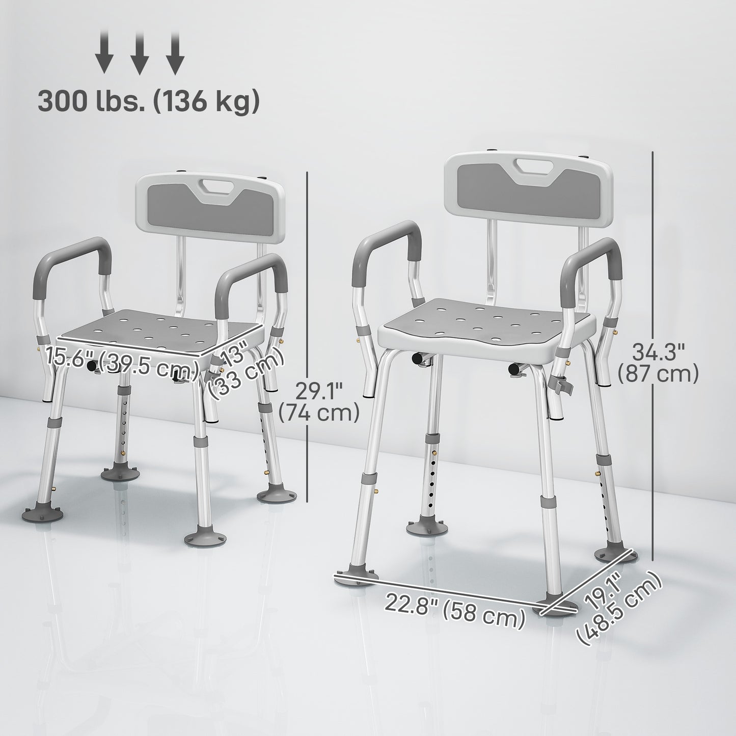 Adjustable Shower Chair with Arms Back and Padded Seat, Light Grey
