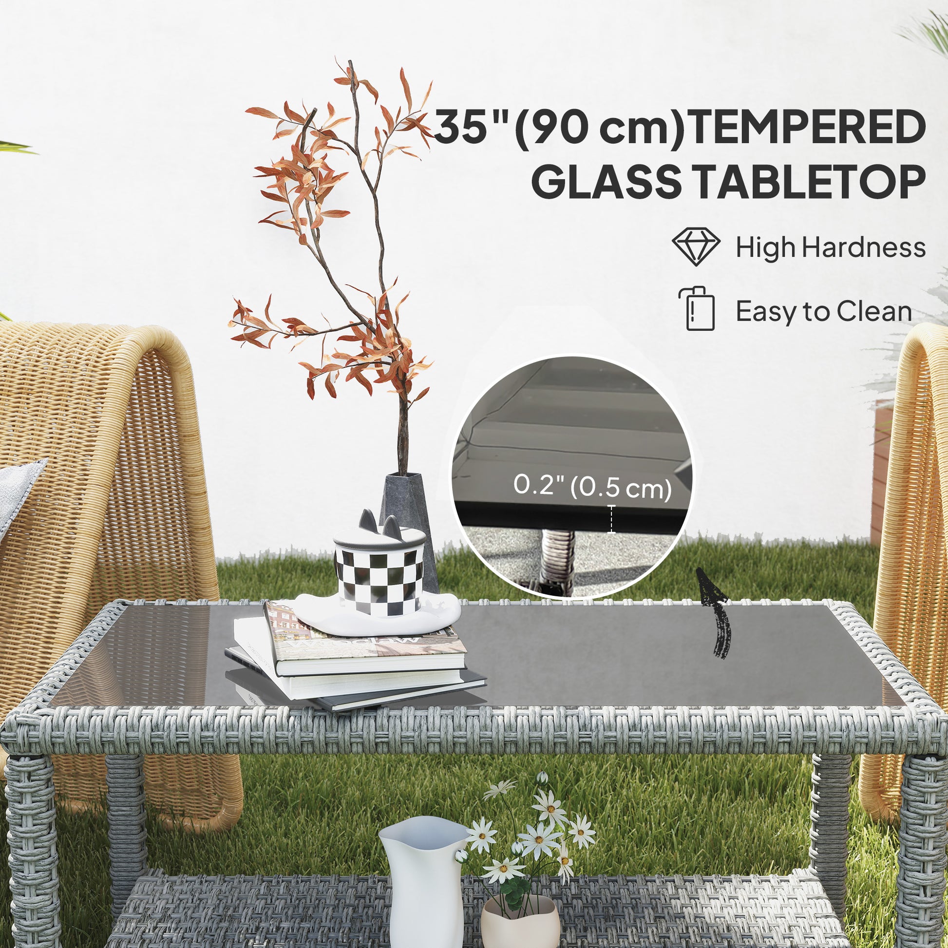 35" Outdoor Wicker Coffee Table with Glass Top, Storage Shelf for Garden Porch Balcony Deck, Dark Grey