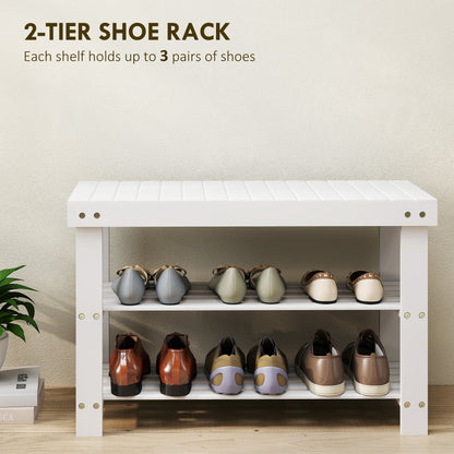 Bamboo Shoe Storage Bench, 3-Tier Entryway Bench with 2 Storage Shelves for Hallway, Holds 6 Pairs, White