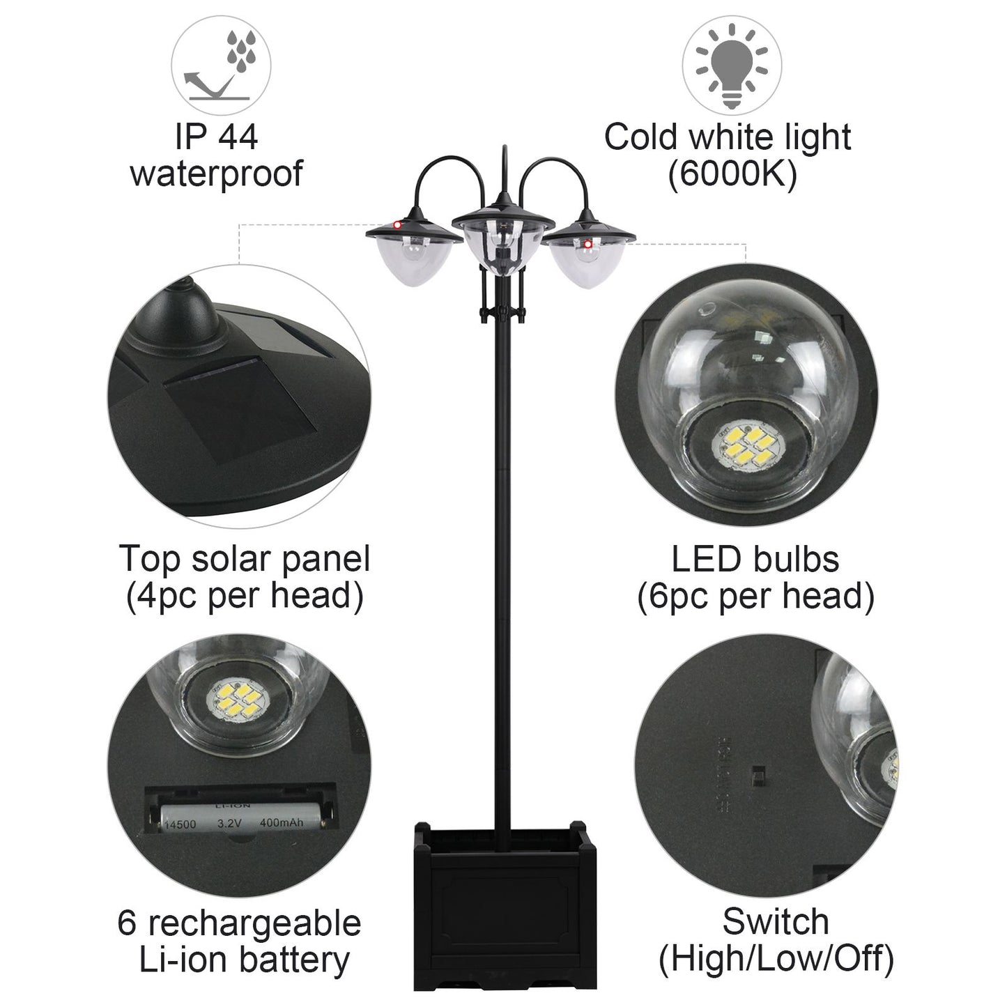 3-head LED Solar Light Lamp Street Light Post with Planter, Solar-powered Lamp Post, Black