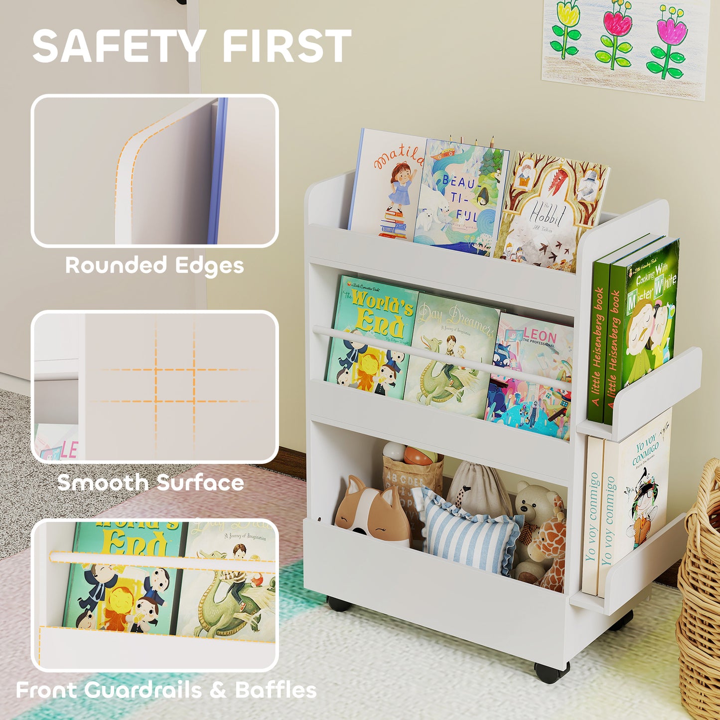 Qaba Kids Bookshelf, Kids Bookcase with Wheels & Blackboard, for Nursery, Kids Room, Playroom, for 3-8 Years