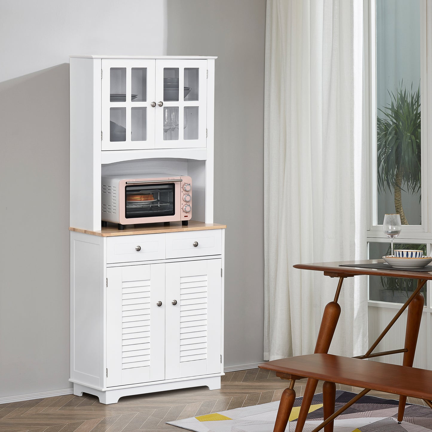 Coastal Style Kitchen Buffet and Hutch Wooden Storage Cupboard with Framed Glass Door LouveredCabinet  Drawers Microwave