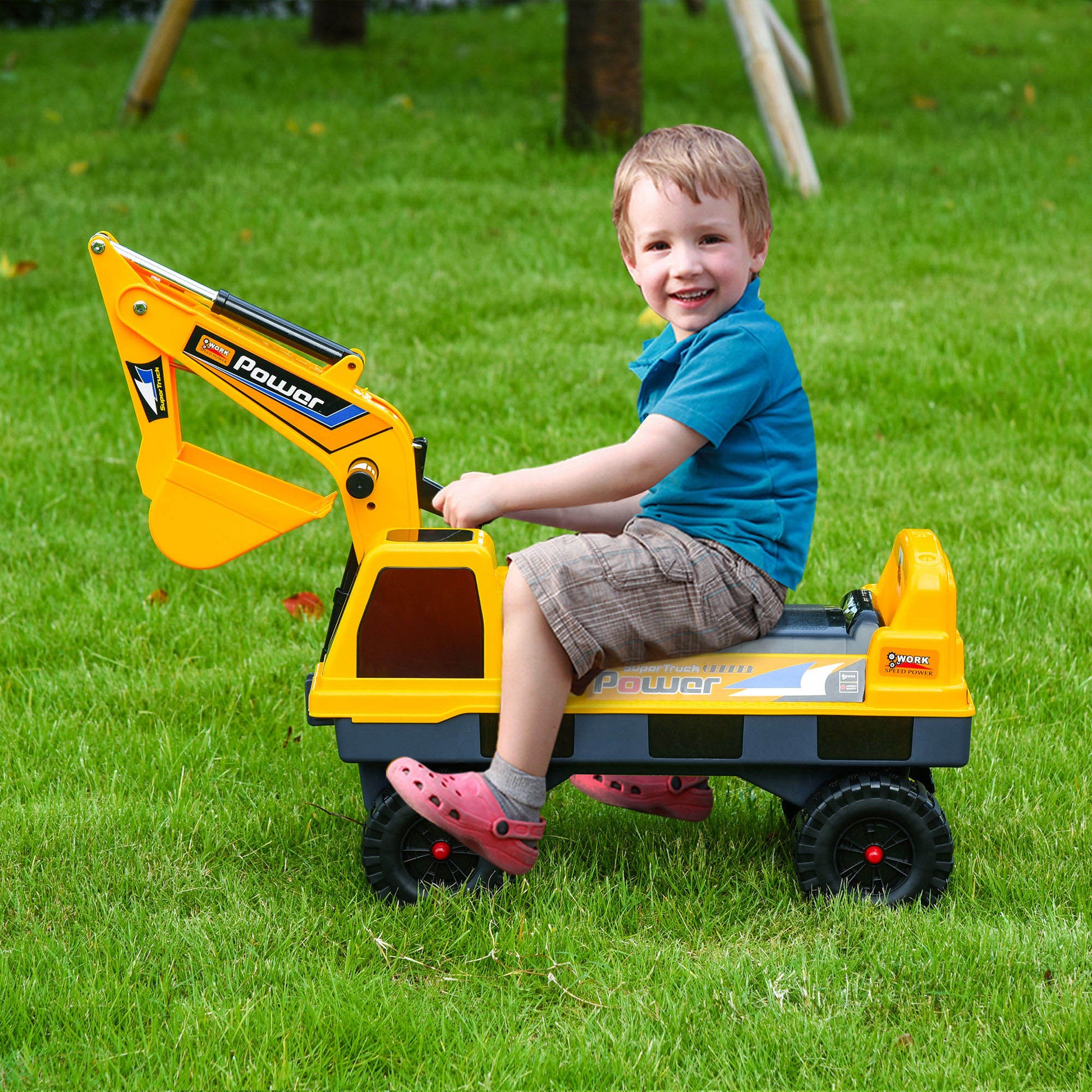 Qaba No Power Ride On Excavator Construction Digger Multi-Functional Truck Toy with 2 in 1 Design Detachable Digging Buc