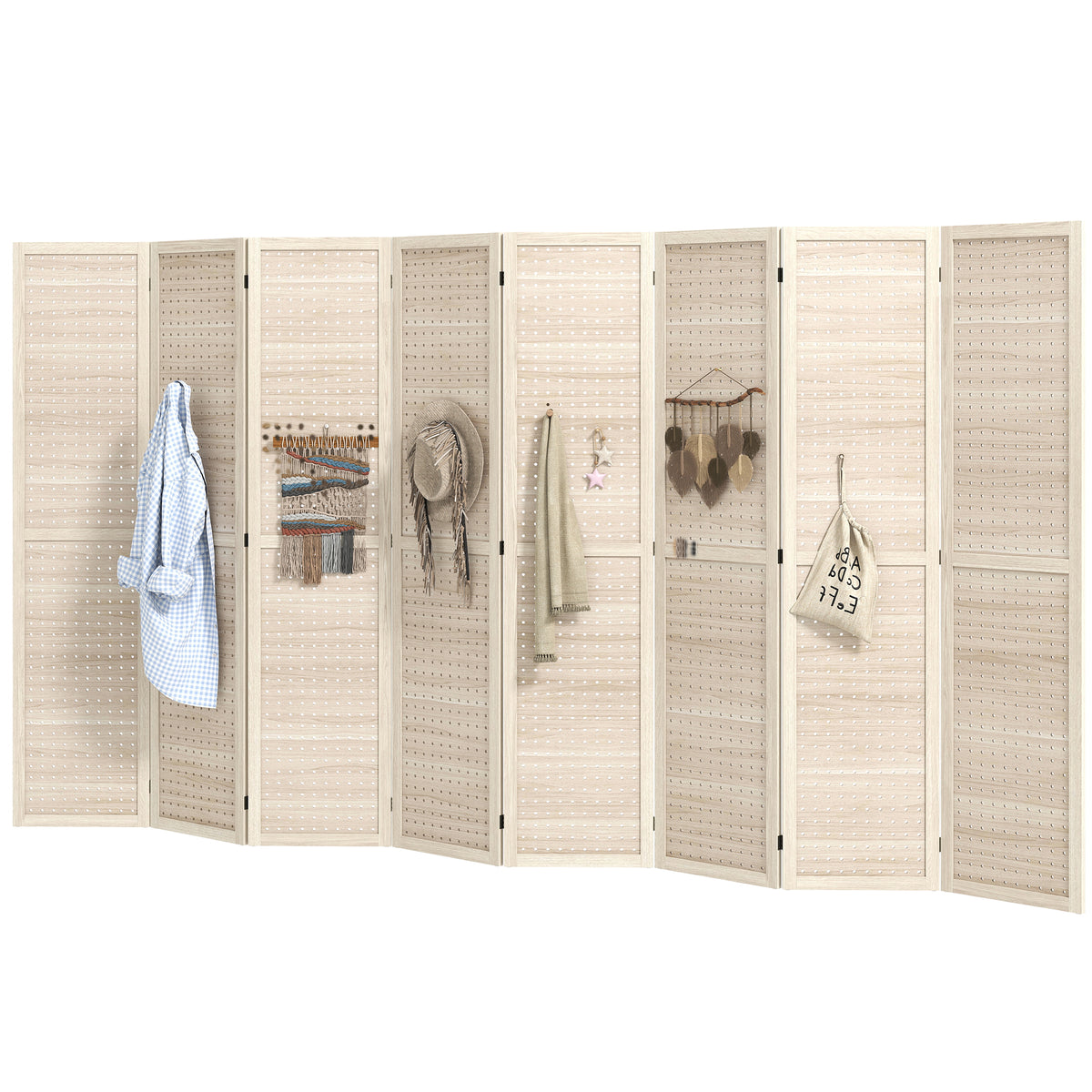 5.6 Ft. Tall 8-Panel Room Divider, Pegboard Panel Folding Privacy Screen, Partition Wall Divider for Bedroom, Natural