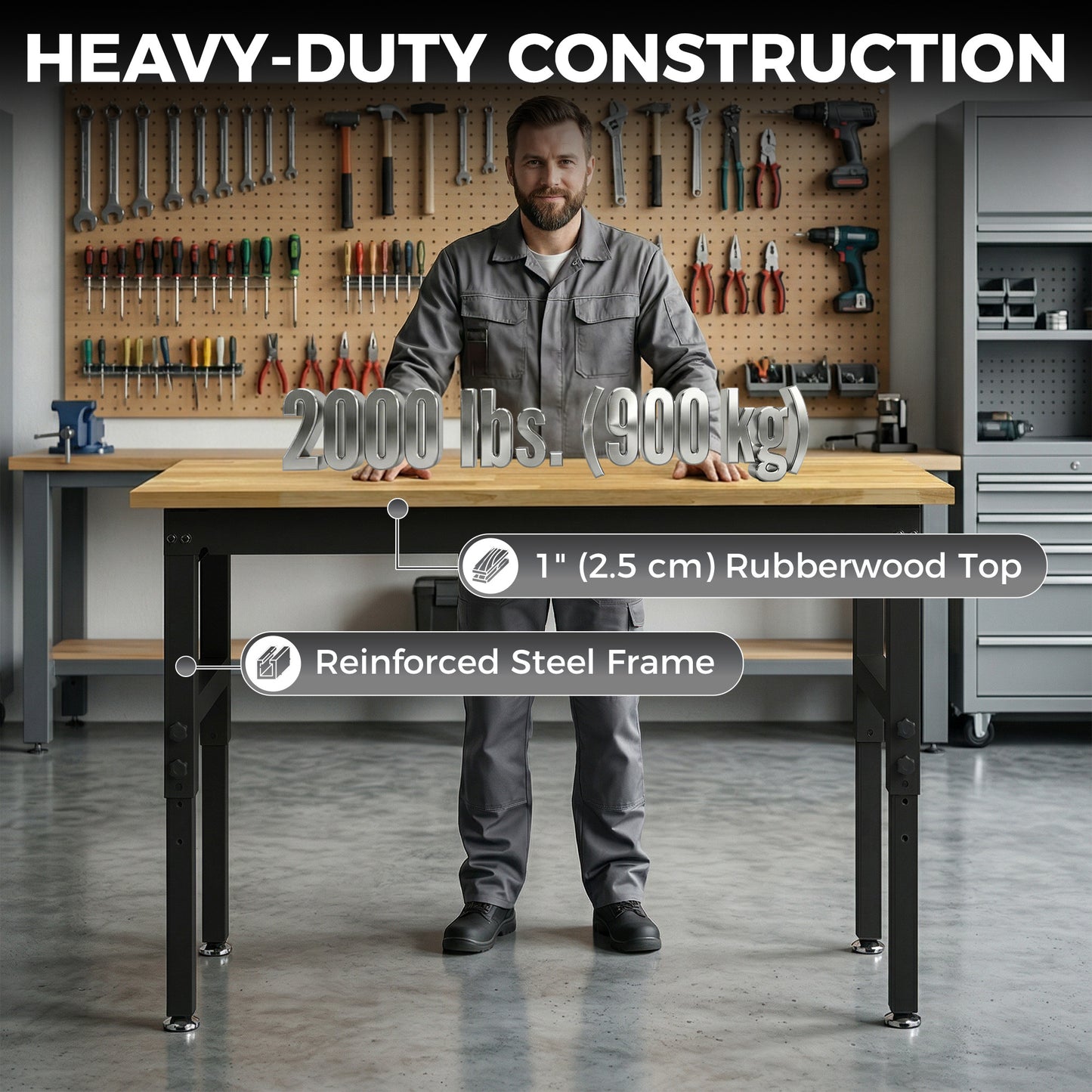 48" Adjustable Workbench, Heavy Duty Work Table with Rubber Wood Top, Power Outlets, Pegboard, 2000 LBS Capacity