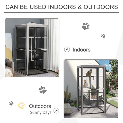79" Cat Cage, Large Outdoor Kitten House, Indoor Cage Pet Kennel Playpen with 3 Platforms Door 4 Sandbags - Grey