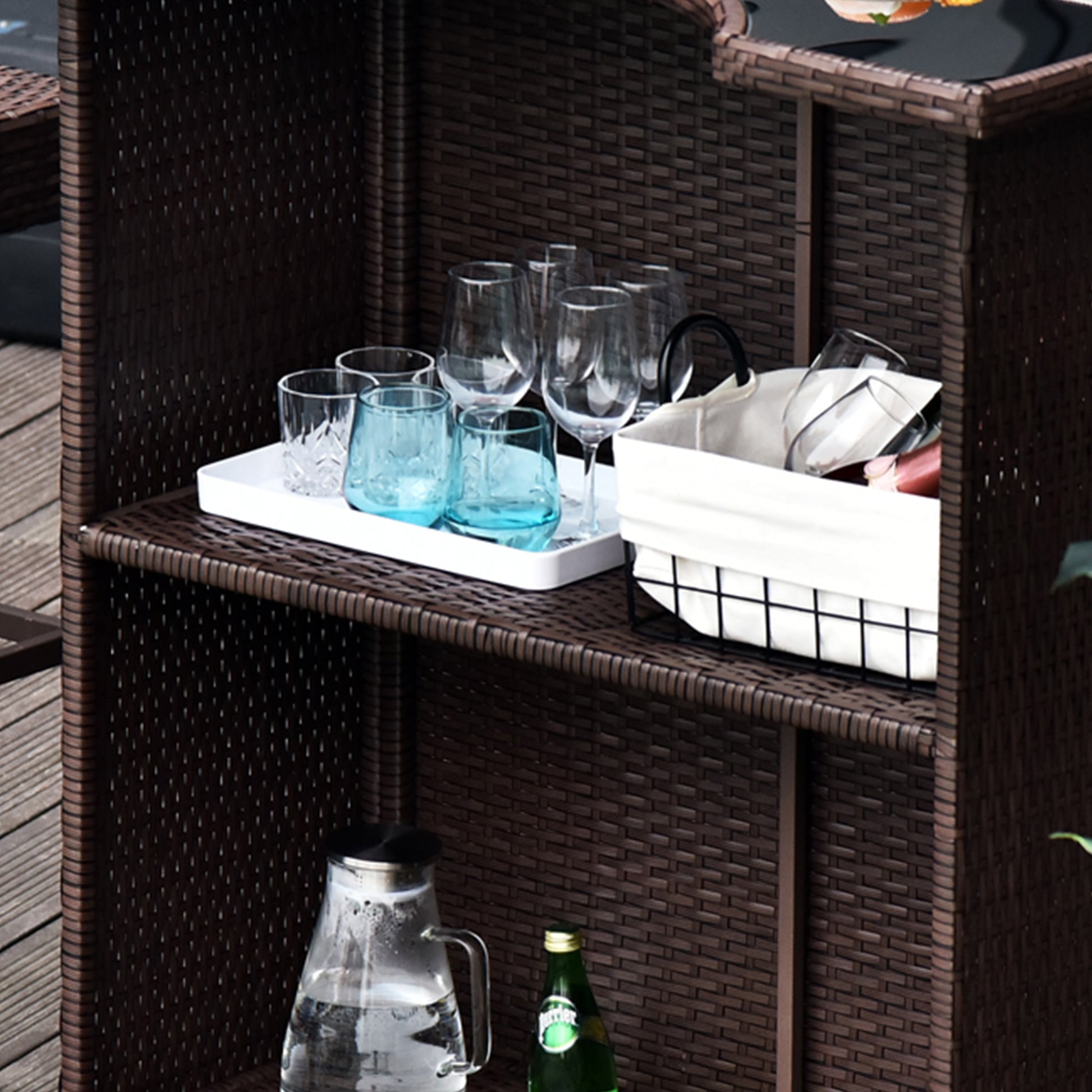 5 Pieces Patio Bar Set, Outdoor PE Rattan Wicker High Top Outdoor Table and Chairs Outdoor Bar Set with Tempered Glass T