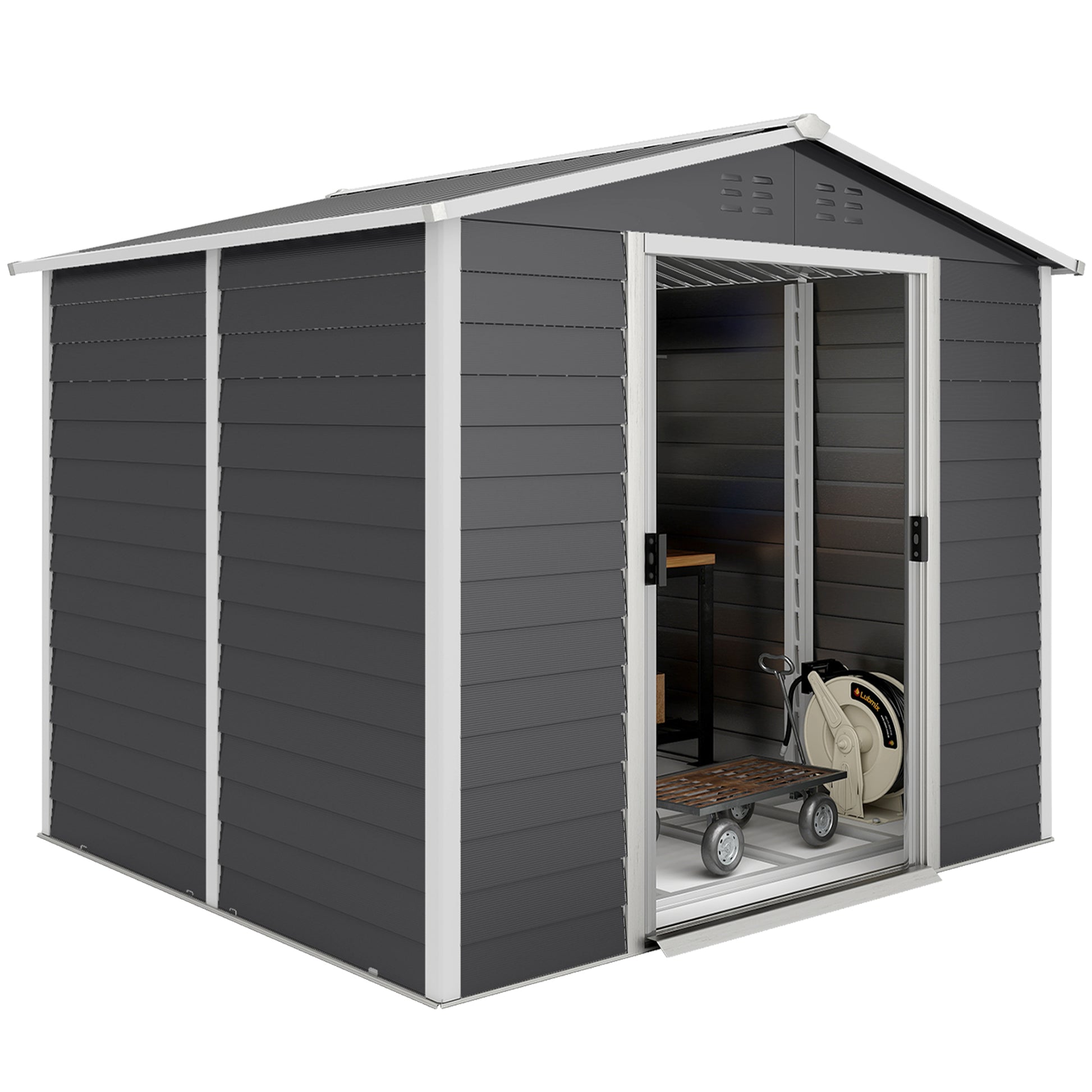 8' x 7' Outdoor Storage Shed, Easy to Assemble, Upgraded Galvanized Metal Garden Shed with Lockable Doors, Floor Frame a