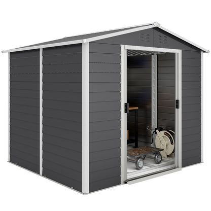 8' x 7' Outdoor Storage Shed, Easy to Assemble, Upgraded Galvanized Metal Garden Shed with Lockable Doors, Floor Frame a