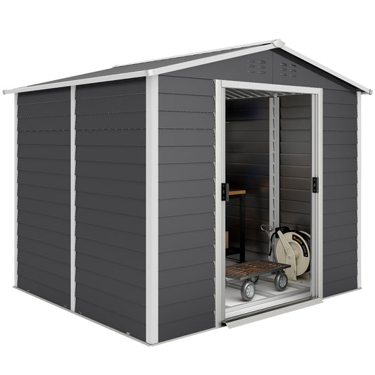 8' x 7' Outdoor Storage Shed, Easy to Assemble, Upgraded Galvanized Metal Garden Shed with Lockable Doors, Floor Frame a