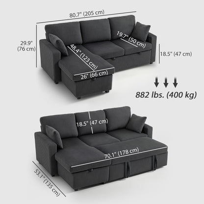 81" Sofa Bed, 2 In 1 Pull Out Sleeper Sofa Bed with Storage, Corduroy Convertible Couch for Living Room, Dark Grey