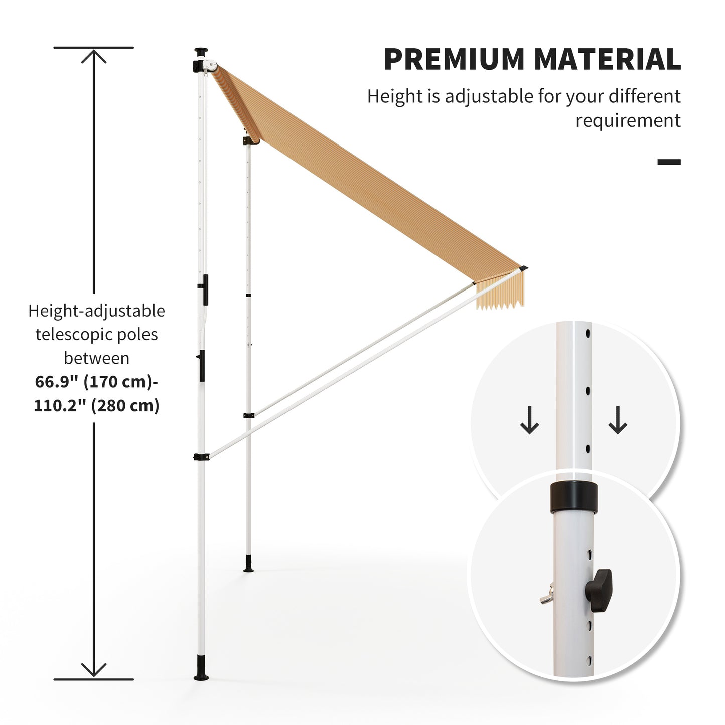 10x5ft Manual Retractable Awning, Patio Sun Shade Canopy Shelter with 5.6-9.2ft Support Pole, Water Resistant UV Protect