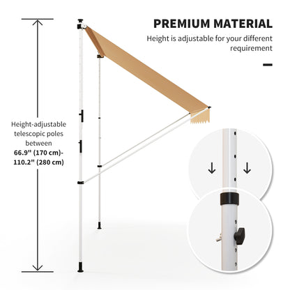 10x5ft Manual Retractable Awning, Patio Sun Shade Canopy Shelter with 5.6-9.2ft Support Pole, Water Resistant UV Protect