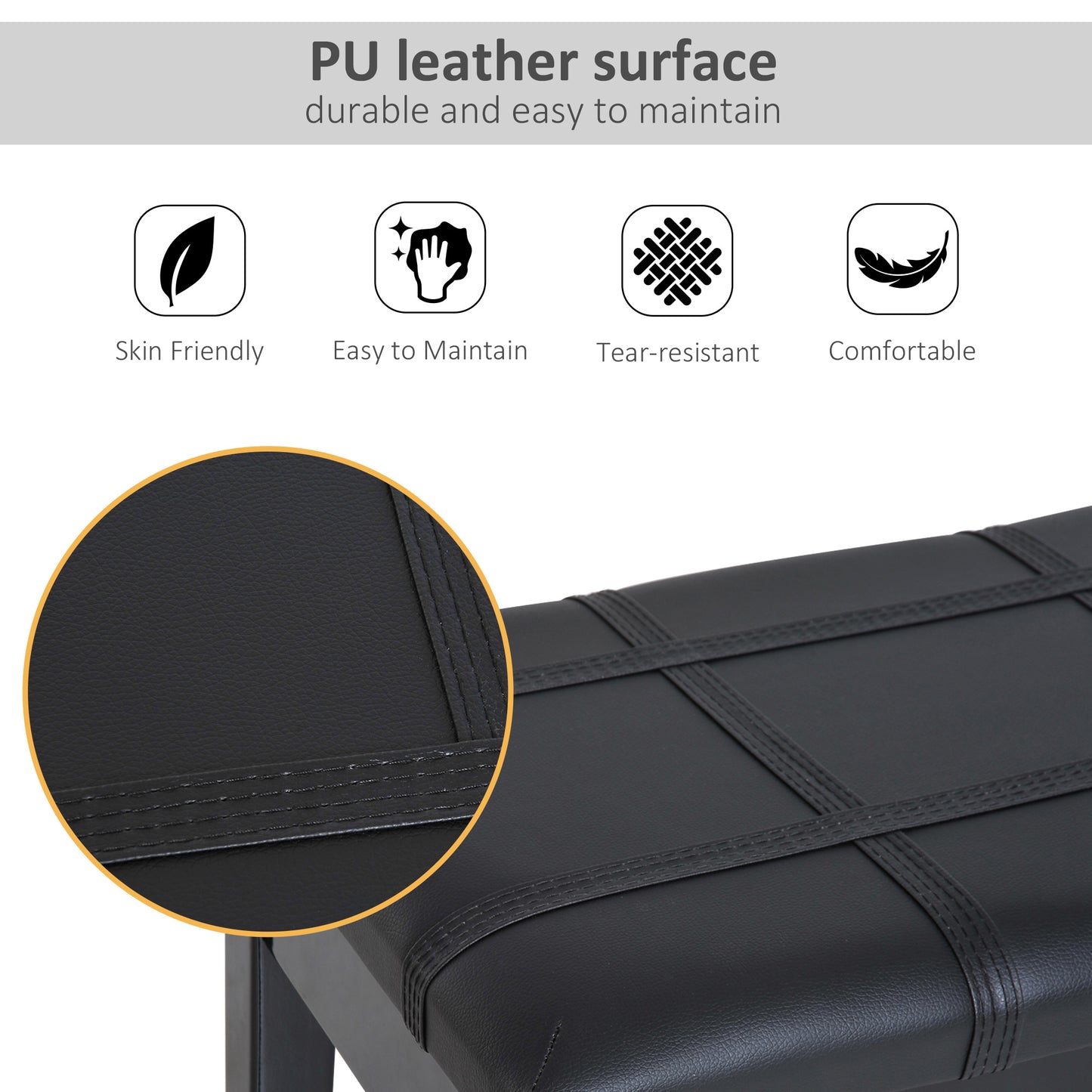 Classic Piano Bench Stool, PU Leather Padded Keyboard Seat with Rubber Wood Legs and Music Storage Compartment, Banded S