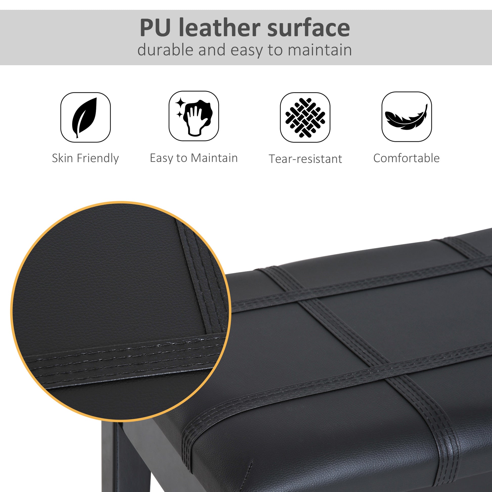 Classic Piano Bench Stool, PU Leather Padded Keyboard Seat with Rubber Wood Legs and Music Storage Compartment, Banded S
