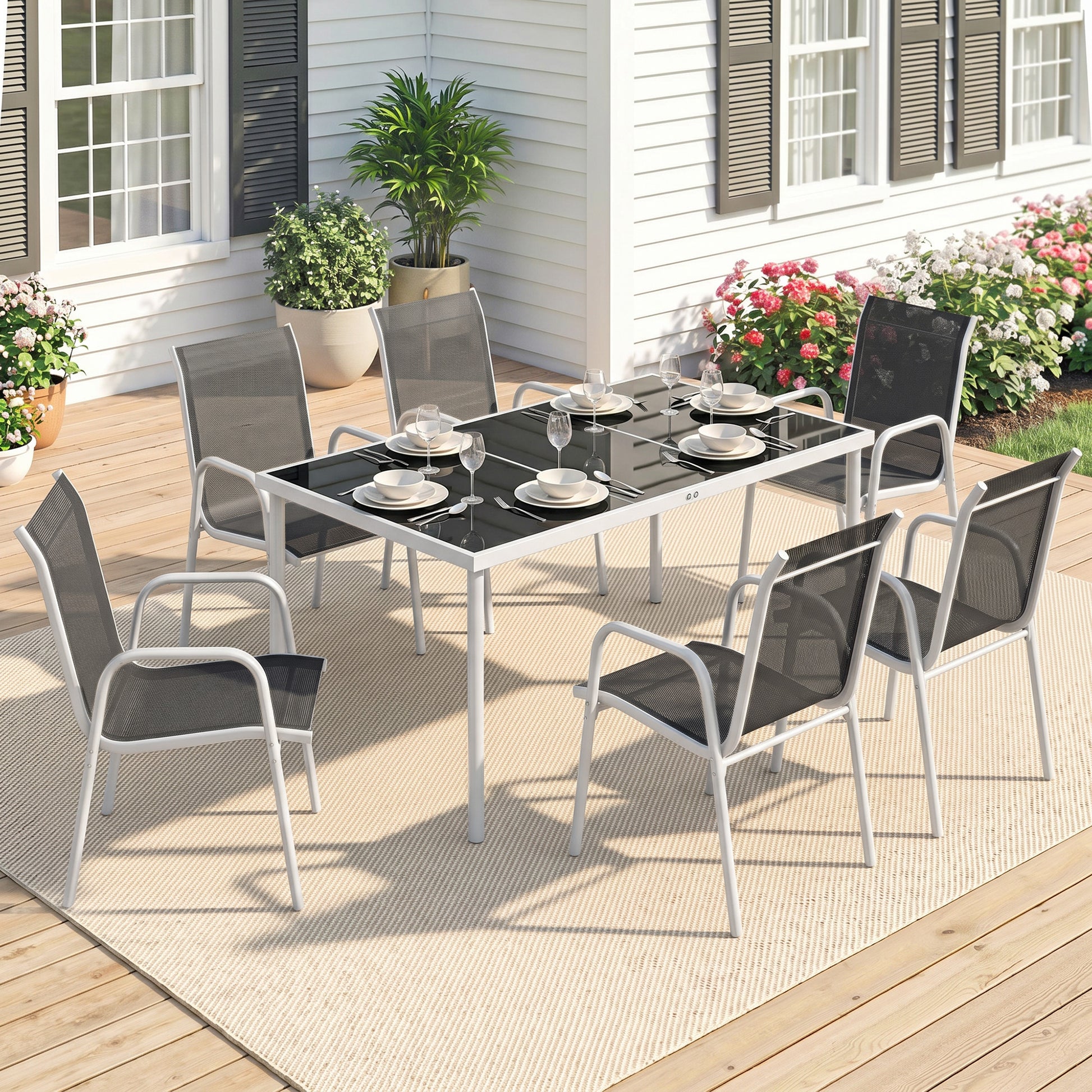 7 Piece Garden Dining Set, Garden Furniture Set with Rectangle Table and 6 Stackable Chairs