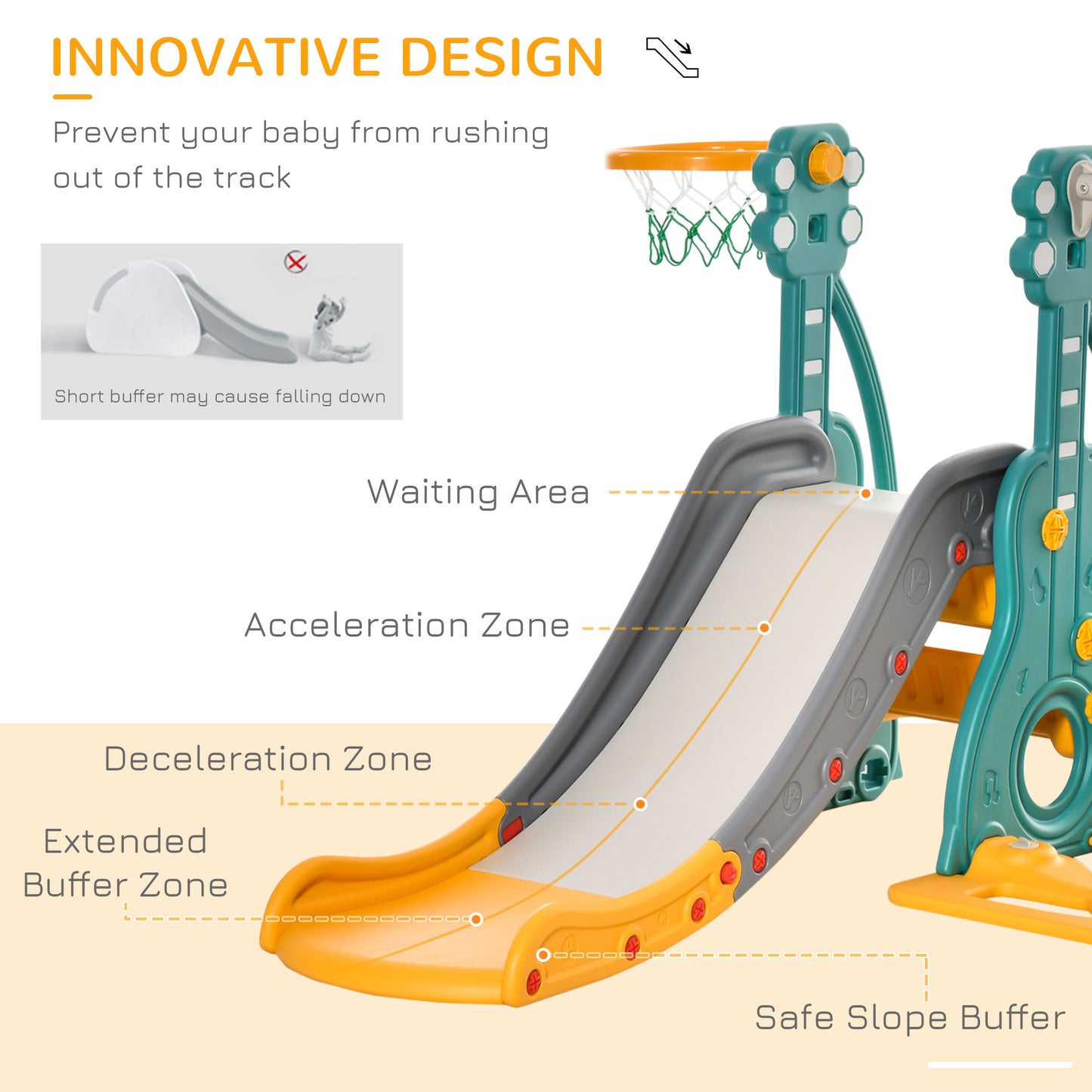 Qaba 4-in-1 Toddler Slide and Swing Set with Basketball Hoop and Adjustable Seat Height, Kids Play Climber Slide Playset