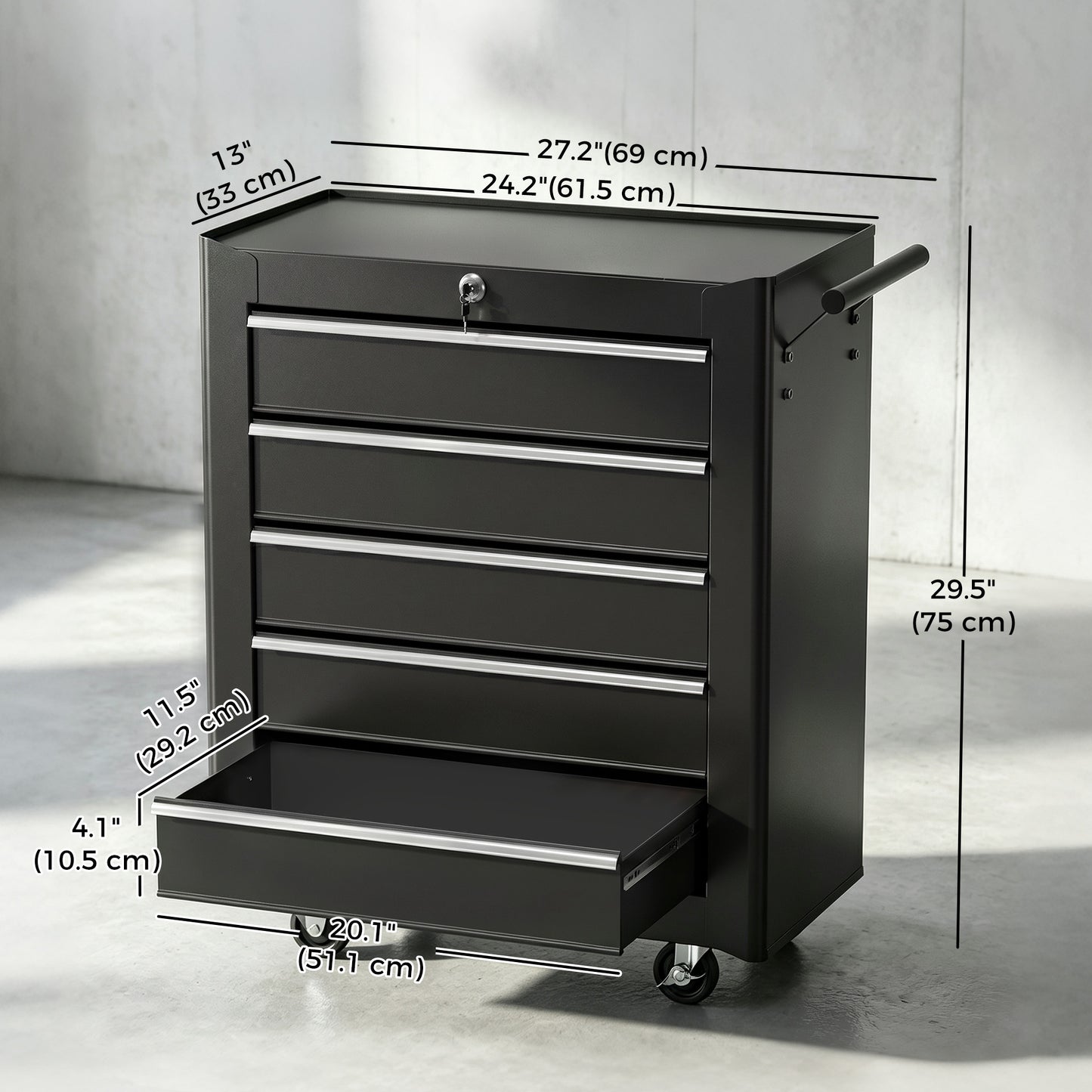 Rolling Tool Chest, 5-Drawer Lockable Tool Cabinet with 4 Wheels, Handle, Toolbox Storage Organizer for Garage, Workshop
