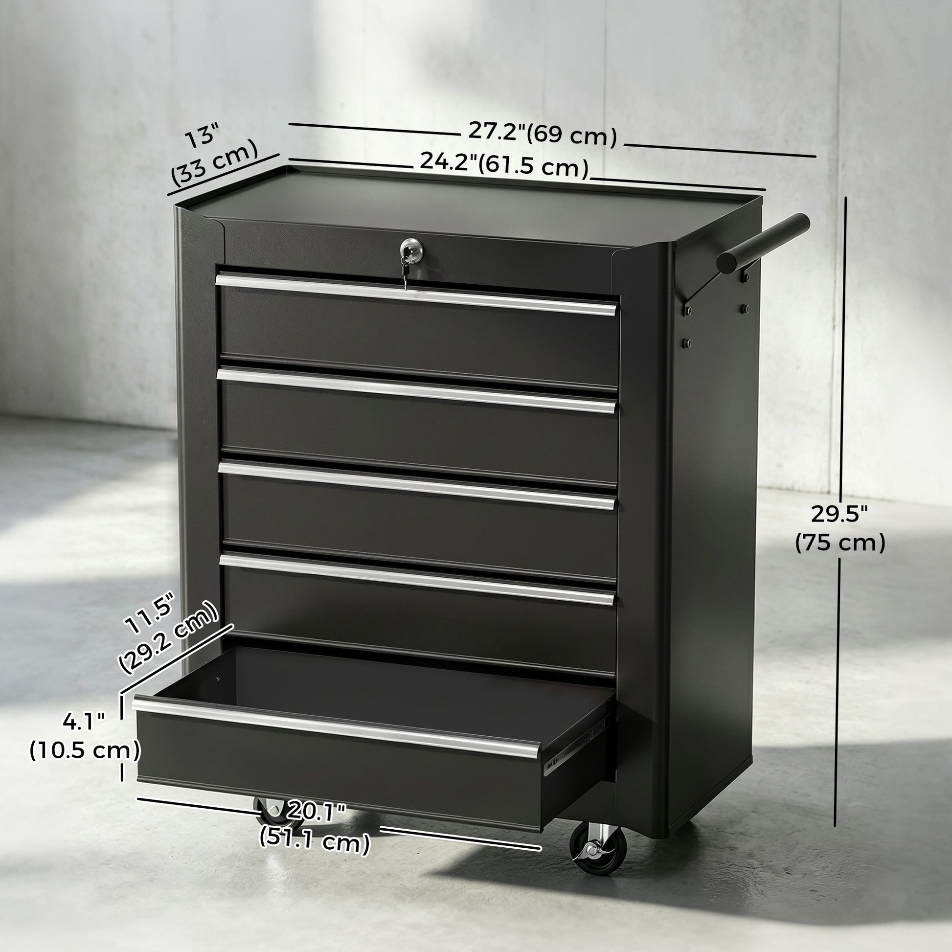 Rolling Tool Chest, 5-Drawer Lockable Tool Cabinet with 4 Wheels, Handle, Toolbox Storage Organizer for Garage, Workshop