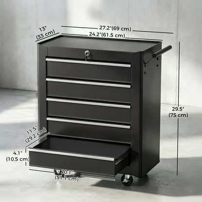 Rolling Tool Chest, 5-Drawer Lockable Tool Cabinet with 4 Wheels, Handle, Toolbox Storage Organizer for Garage, Workshop