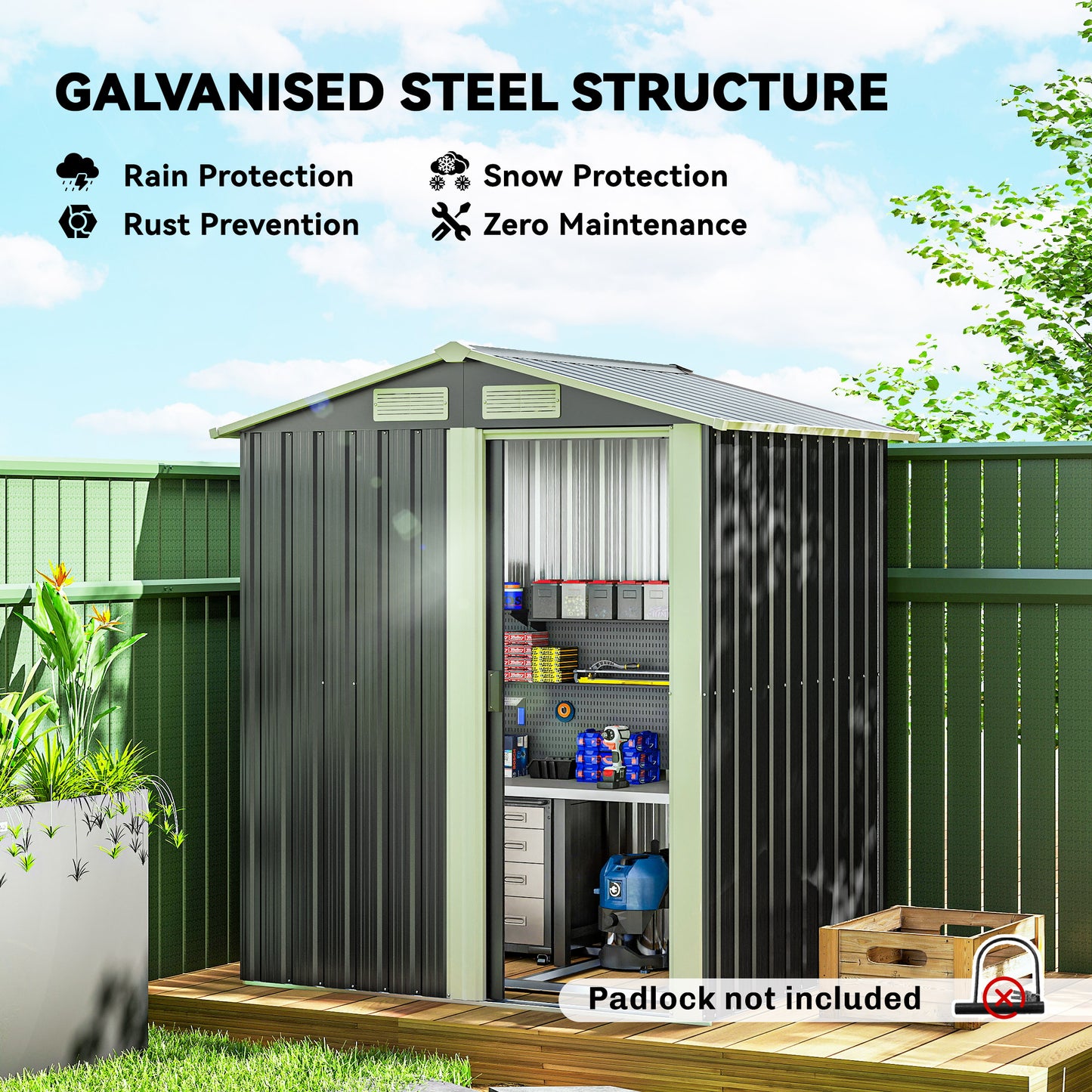 5ft x 4ft Garden Metal Storage Shed, Tool Storage Shed with Top Vents, Sliding Door, Sloped Roof and Foundation Kit for 