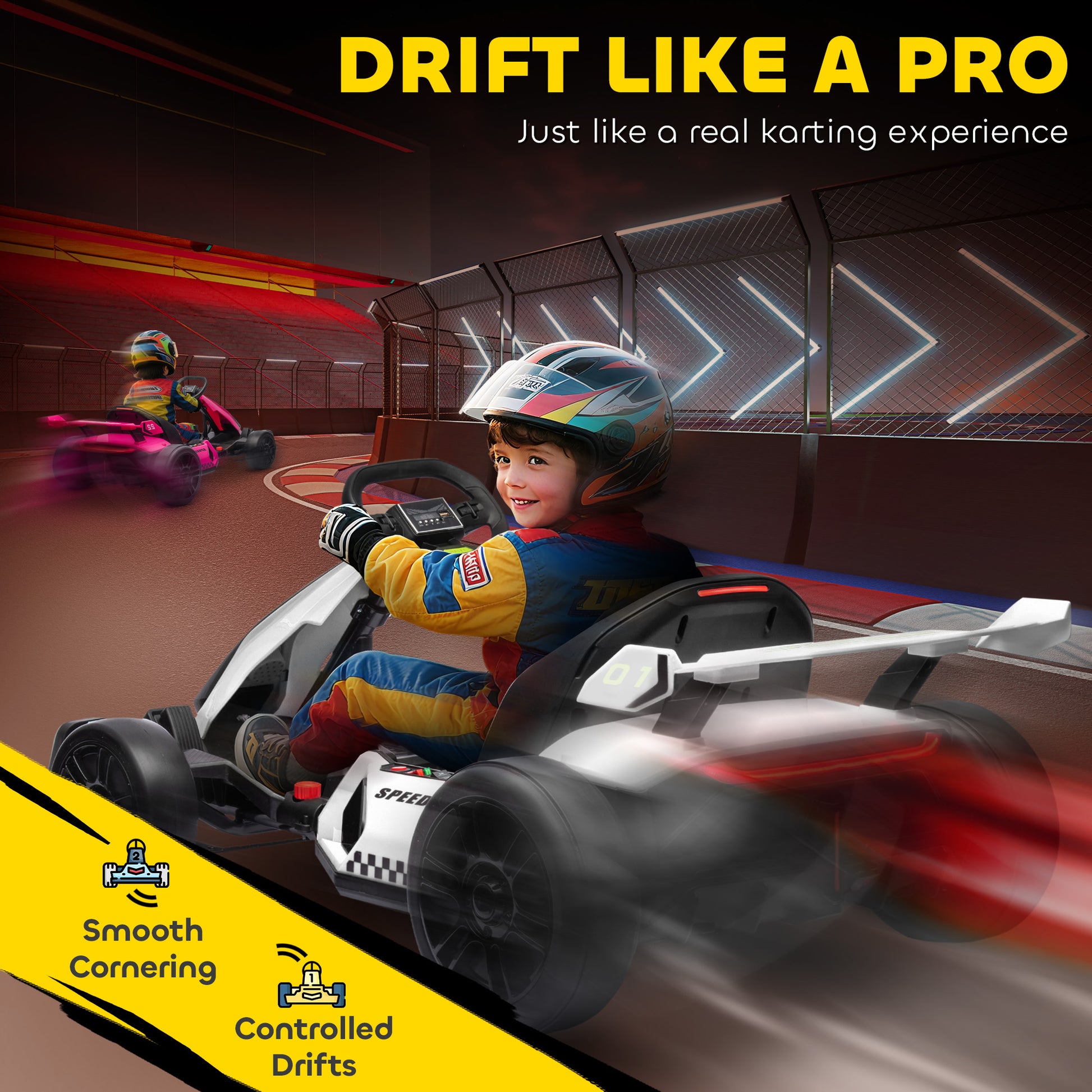 VarietyKart 24V Electric Go Kart, Battery Powered Kids Drift Kart with Adjustable Seat, Seat Belt, Horn, Music, Light, W