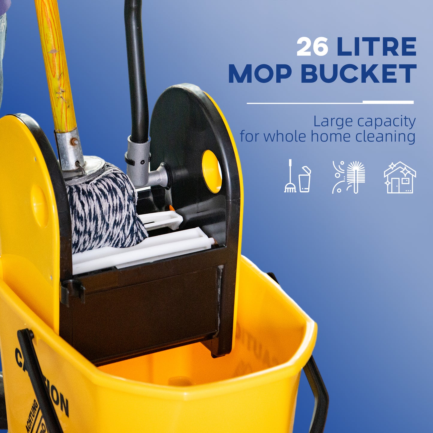6.9 Gal/26L Mop Bucket, Mop Bucket with Wringer, Wheels and Handle, Yellow