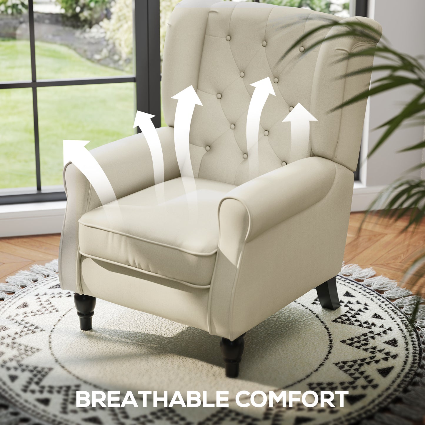 Fabric Accent Chair, Button Tufted Armchair, Upholstered Modern Living Room Chair, Wingback Chair with Wood Legs, Rolled