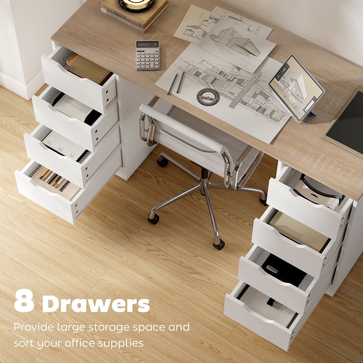 Desk with 8 Drawers, 55.1"W × 20.9"D × 29.5"H Modern Computer Desk for Office, Living Room, White