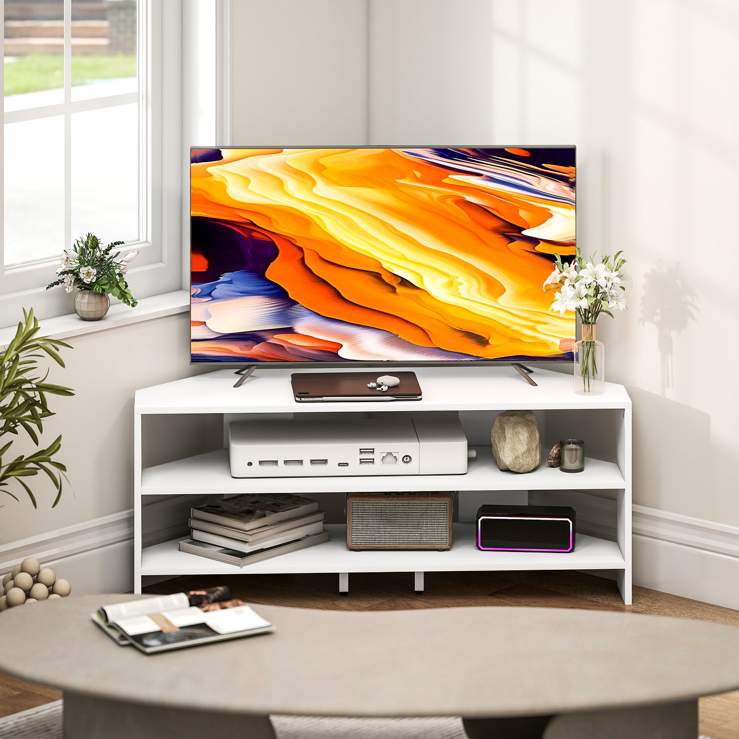 Corner TV Stand, Modern TV Table with 2 Open Shelves for 47 Inch TV, Entertainment Center for Living Room, White
