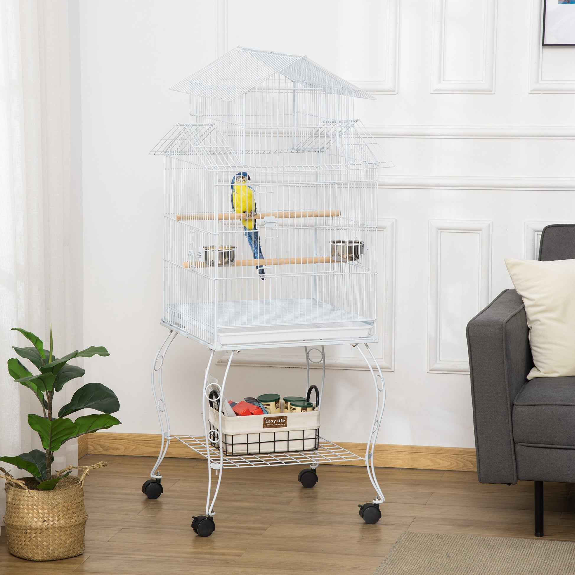 53.9'' Large Rolling Steel Bird Cage Bird House with Detachable Rolling Stand, Storage Shelf, Wood Perch, Food Container