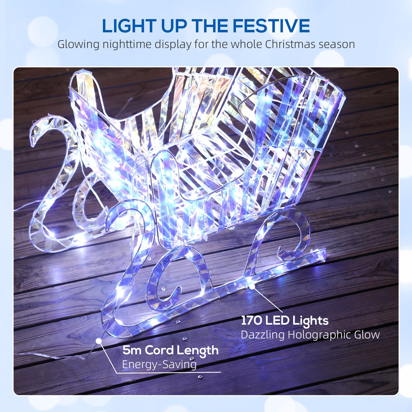 Lighted Christmas Reindeer with Sleigh, Outdoor Reindeer with 170 LED Lights and Stakes, Holiday Decor, Silver