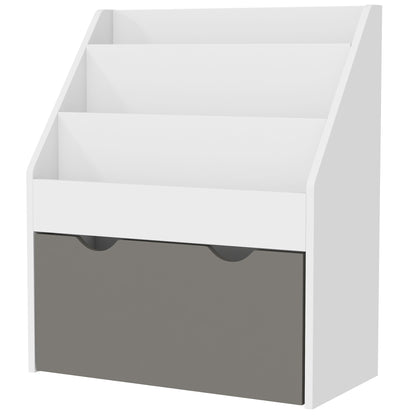 Qaba Kids Bookshelf with 3 Tier Display Shelves, Drawer for Nursery, Grey