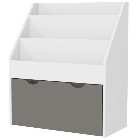 Qaba Kids Bookshelf with 3 Tier Display Shelves, Drawer for Nursery, Grey