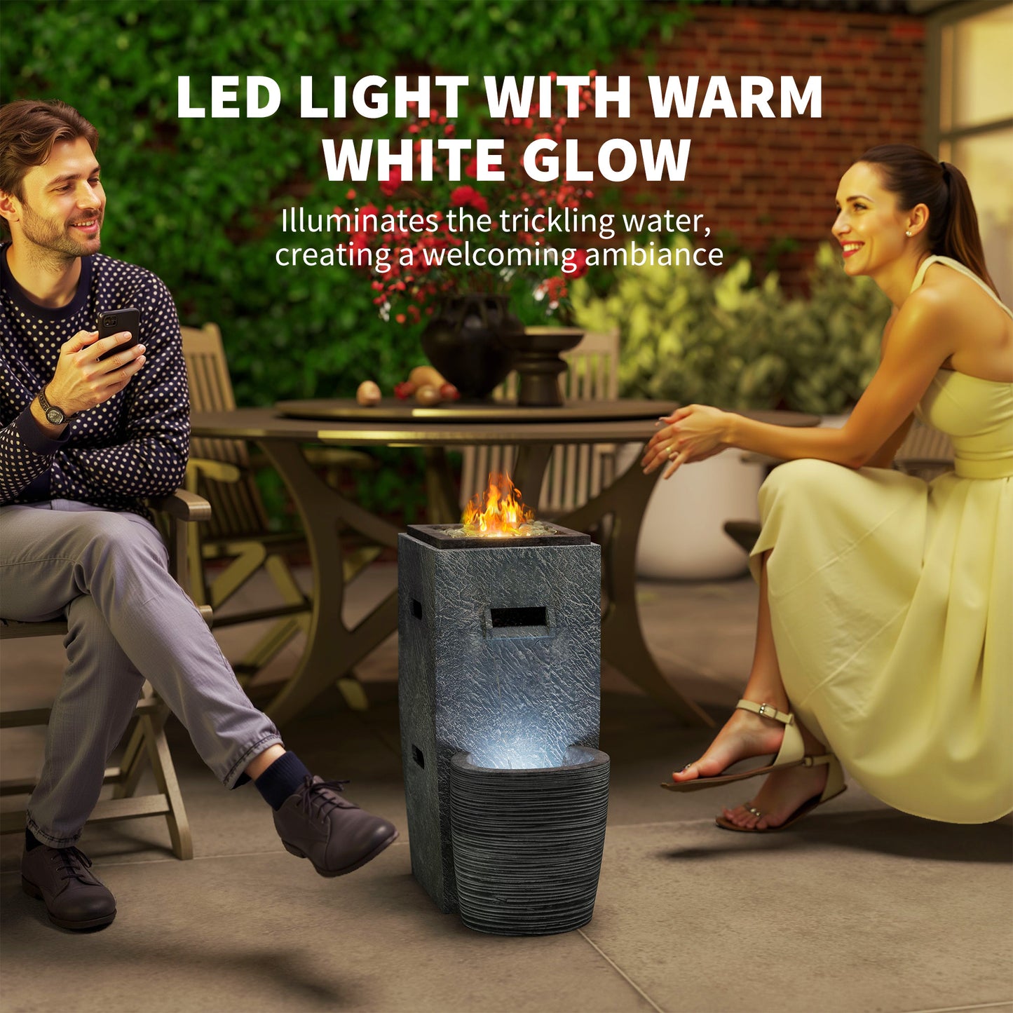 16.5" x 11" x 22.4" Propane Fire Pit Table with Fountain, 15000 BTU Outdoor Gas Fire Table with LED Light Adjustable Wat