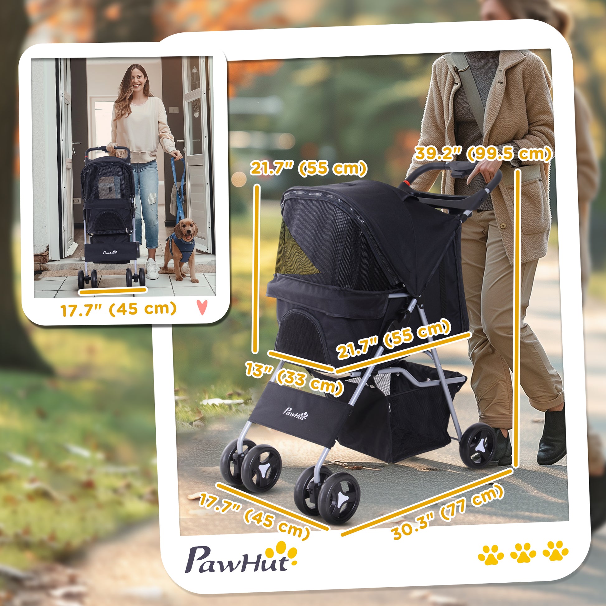 Cat Dog Stroller, One-click Foldable Pet Stroller w/Cup Holder, 4 Wheels Travel Carrier w/Brakes, 360° Swiveling Front W