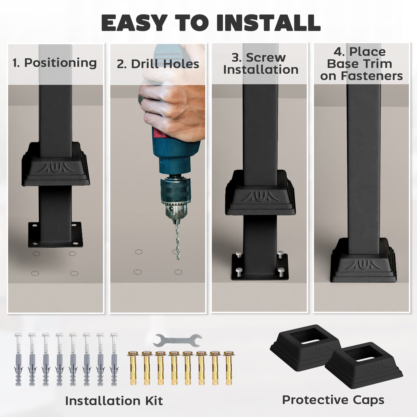 1-3 Step Handrails for Outdoor Steps, Porch Deck Railing, Metal Outdoor Stair Railing with Installation Kit, Black