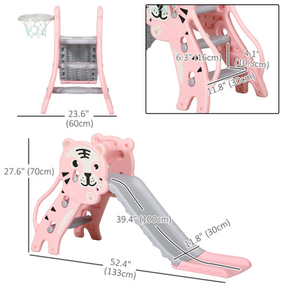 Qaba 3 in 1 Slide for Toddlers, Kids Slide Playset with Basketball Hoop, Climber, for 18-36 Months, Pink